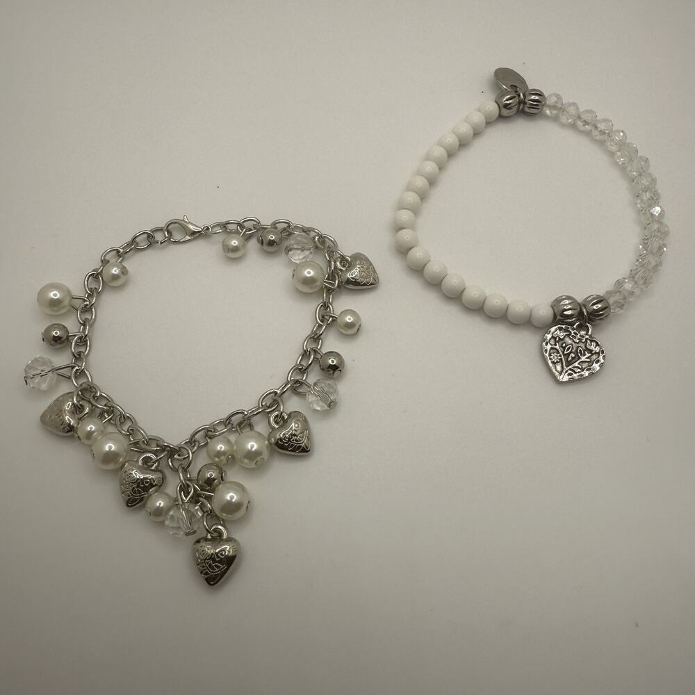Two Silver Tone Bracelets Heart Charm Dangle‎ Tennis 7” Beaded Stretch 7”+